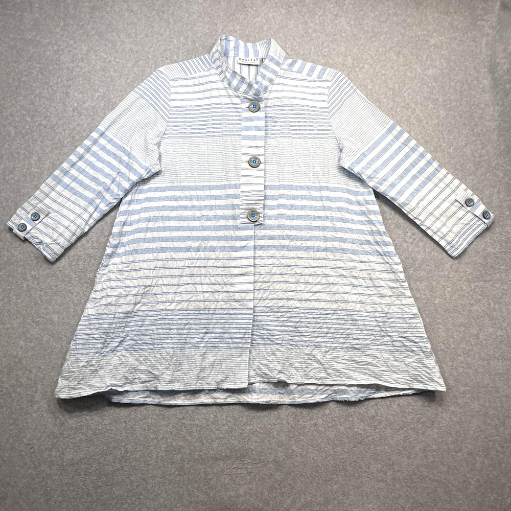 Habitat Shirt Womens Medium Blue Striped 3/4 Sleeve Button Front Tunic Lagenlook